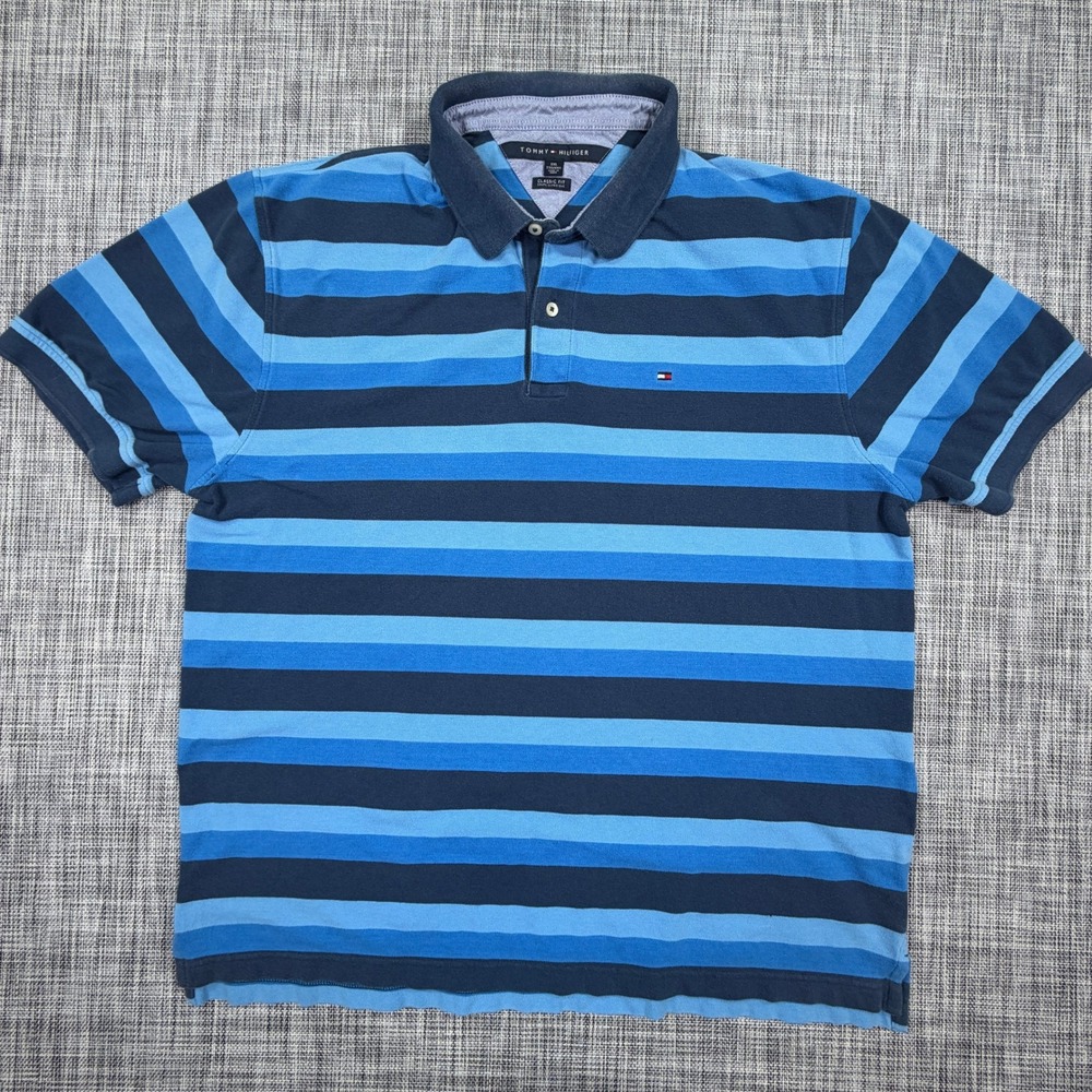 Tommy Hilfiger Men XXL Regular Polo Shirt Blue Striped 100% Cotton Classic Fit